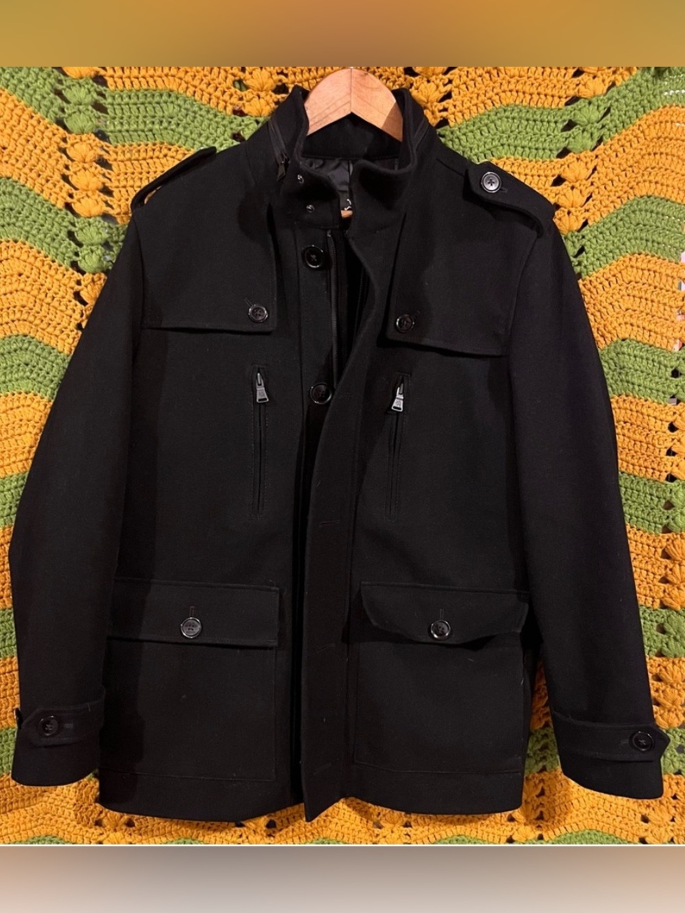 Express Black Wool Blend Military Peacoat Jacket Size M Zip Pockets